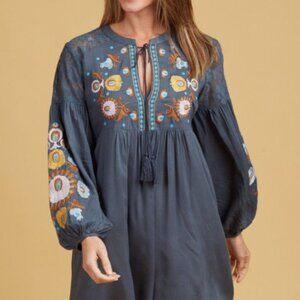 Umgee - Embroidered - Boho - Blue - Women's - Tunic Dress - Long Sleeves - Small